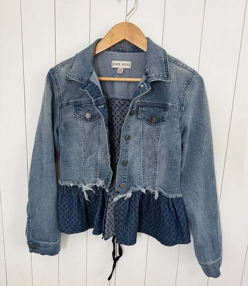 Knox Rose Denim Peplum Jacket Size XS Blue Eyelet Lace-Up Back